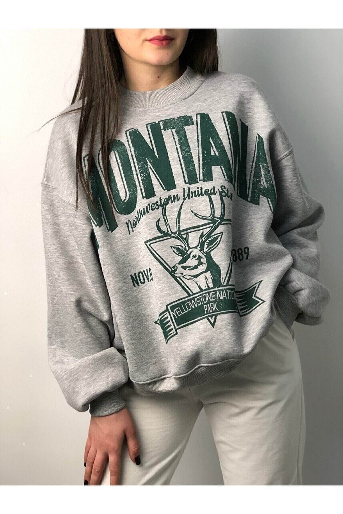 Gri Montana Baskılı Sweatshirt